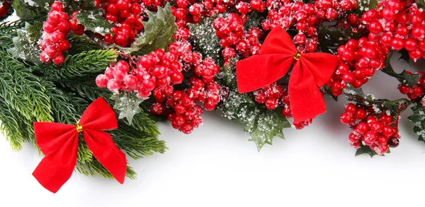 Boże Narodzenie drzewo gałąź z czerwone jagody i łuki na białym tle — Zdjęcie stockowe