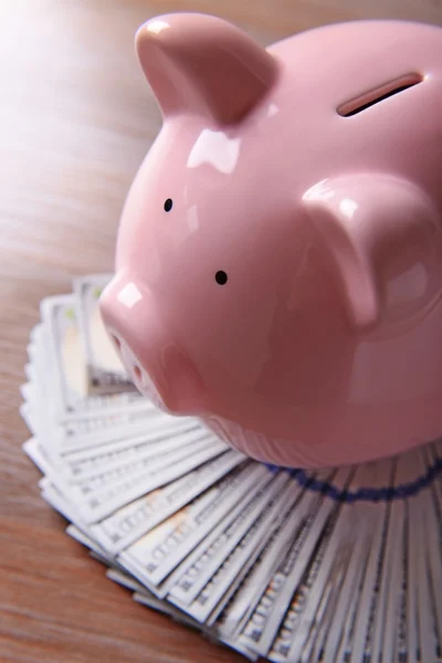 Pig moneybox and dollar banknotes — Stock Photo, Image