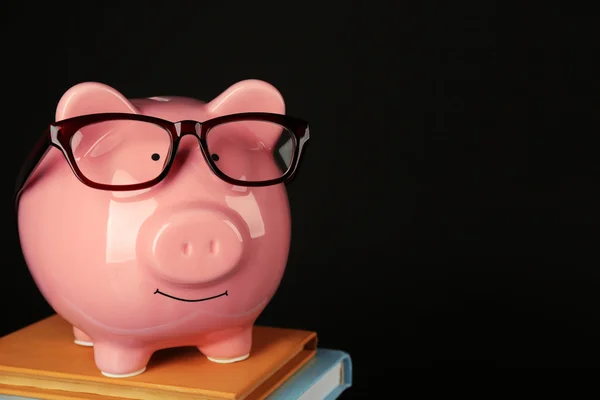 Spargris med glasögon och böcker — Stockfoto