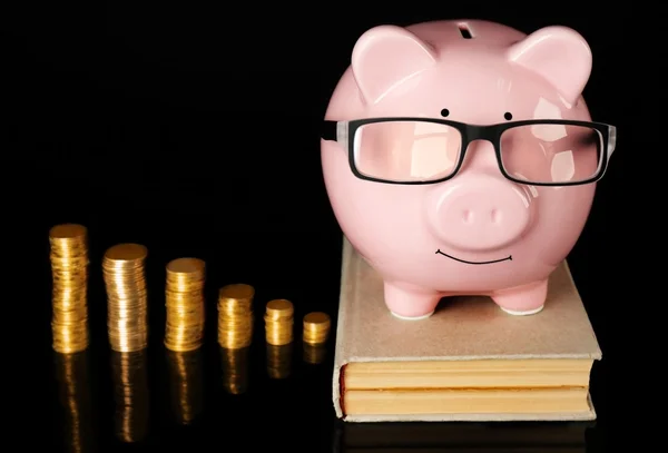 Piggy bank met glazen, boek en munten — Stockfoto