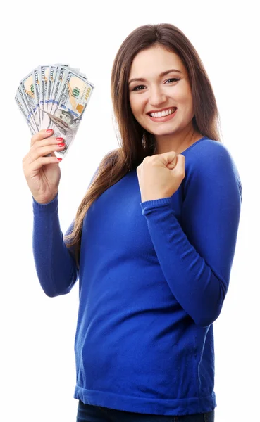 Vrouw aanhouden van geld geïsoleerd op wit — Stockfoto