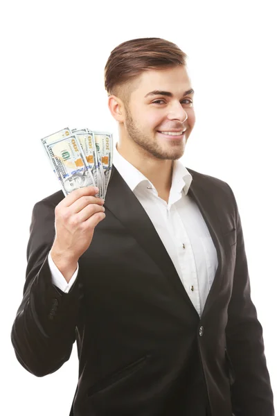 Hombre sosteniendo dinero aislado en blanco — Foto de Stock