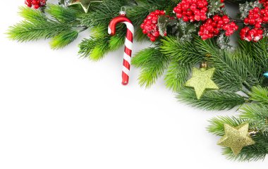 Kırmızı meyveler ve beyaz arka plan üzerinde süslemeleri ile Noel ağacı dalı