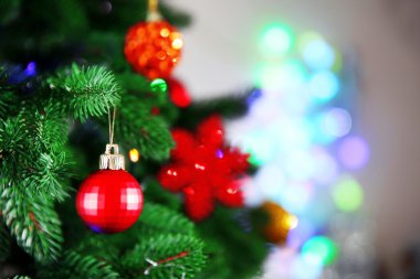 Arka plan bulanık üzerinde bir köknar ağacı üzerinde kırmızı Noel biblo