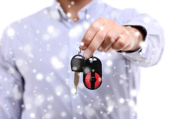 Бізнесмен Тримає Ключ Від Автомобіля Над Ефектом Снігу — стокове фото