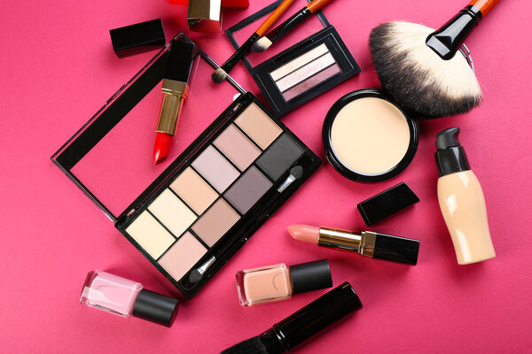 Cosmetics on pink background