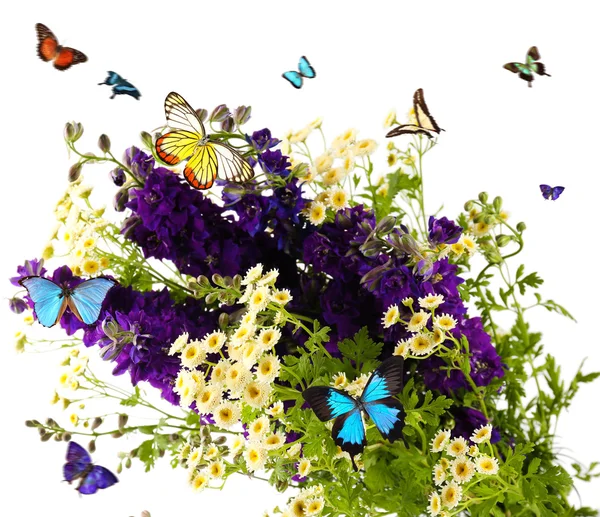 Hermosas flores silvestres y mariposas voladoras — Foto de Stock