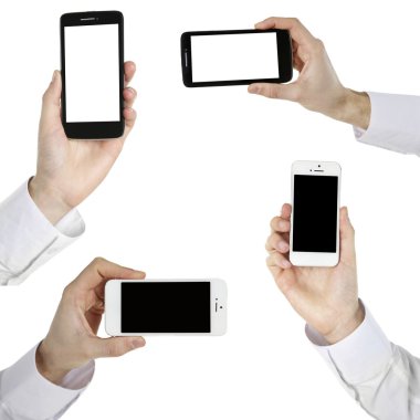 Akıllı telefonlar üzerinde beyaz izole, holding eller
