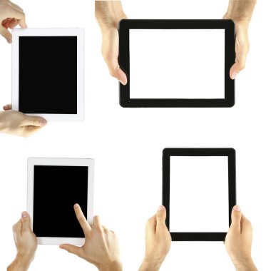 Tablet-PC'niz üzerinde beyaz izole holding eller