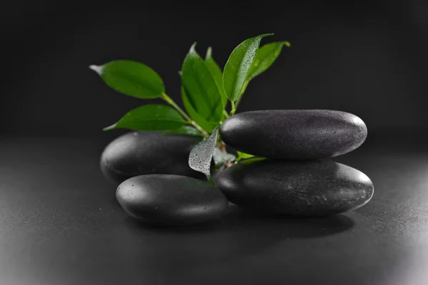 Pile of pebbles with leaf on black background — Stock Photo, Image