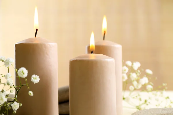 Vackra sammansättningen av tända stearinljus med stenar och blommor på bordet — Stockfoto