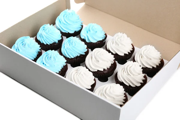 Tasty cupcakes in paper box, close up — Stock Photo, Image