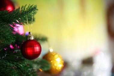 Arka plan bulanık üzerinde bir köknar ağacı üzerinde kırmızı Noel biblo