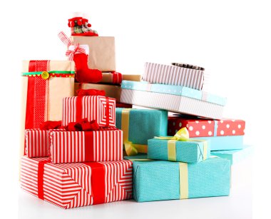 Beyaz arka plan üzerinde izole oyuncaklar ile güzel Noel hediyeleri