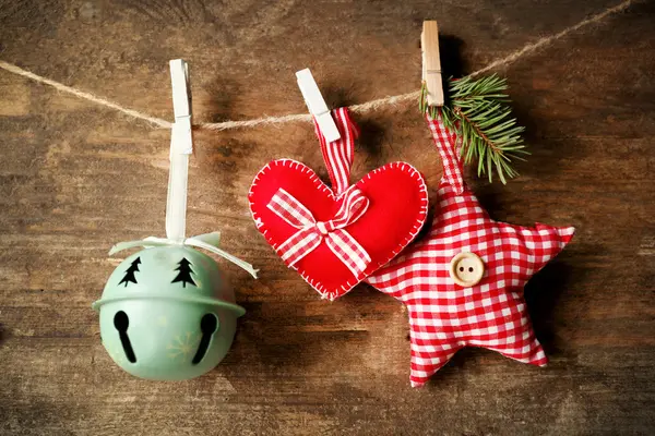 Beautiful Christmas toys on old wooden background — Stock Photo, Image