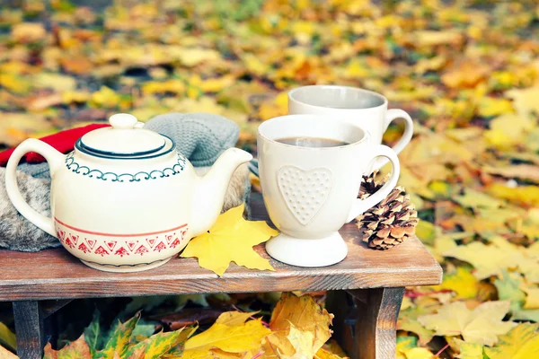 Autumn composition with hot beverage on nature background