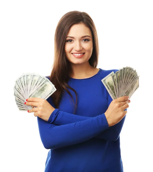 Kvinna med pengar isolerad på vit — Stockfoto
