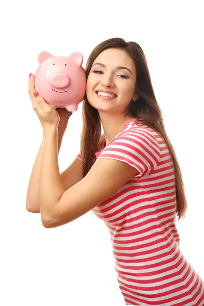 Mulher com caixa de dinheiro de porco e notas isoladas em branco — Fotografia de Stock