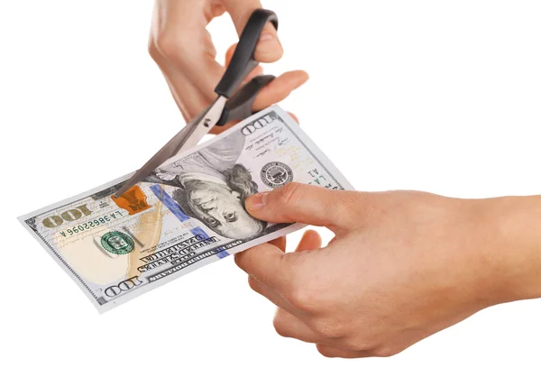 Hands with scissors cutting dollar banknote — Stock Photo, Image