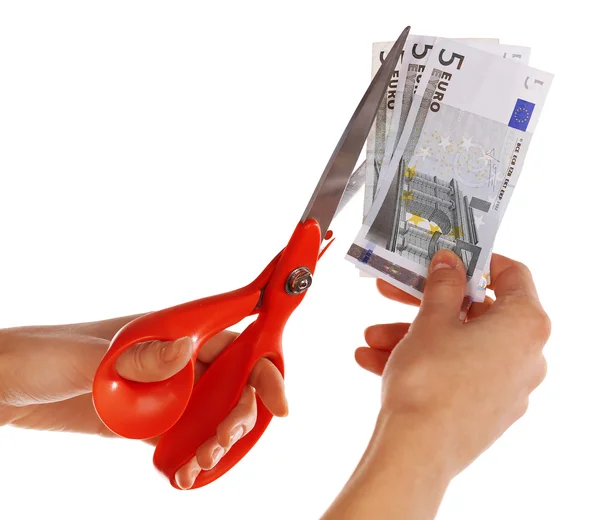 Hands with scissors cutting Euro banknotes — Stock Photo, Image