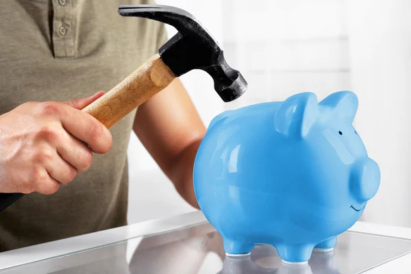 Man with hammer going to break piggy bank