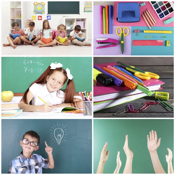 Collage School Children Studying Process Education Tools — Stock Photo, Image