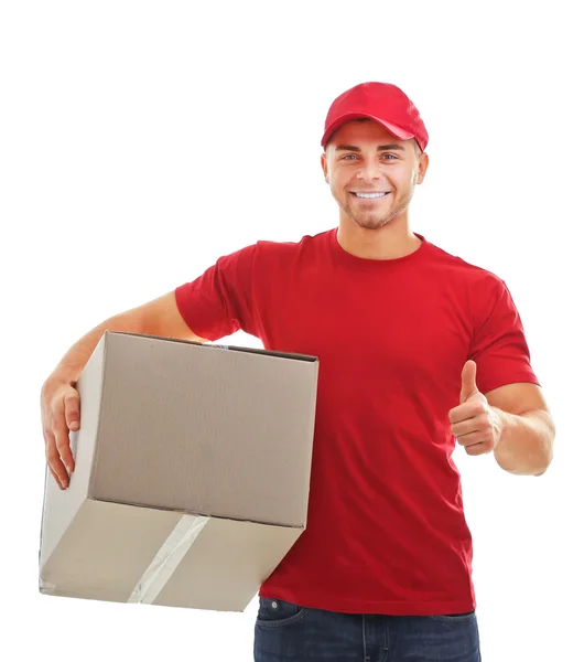 Delivery man holding package — Stock Photo, Image