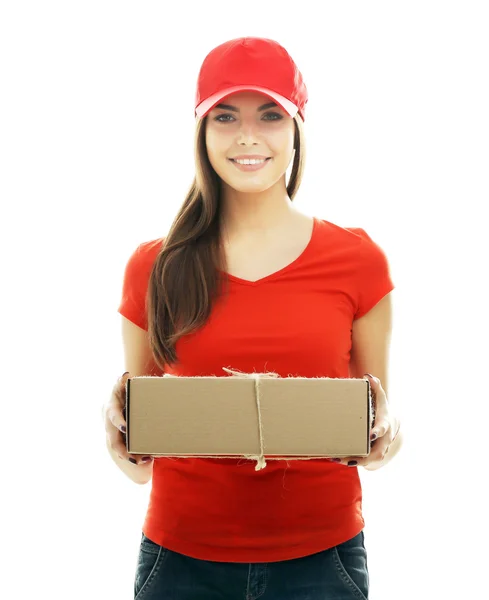 Доставка женщина в униформе холдинг пакет — стоковое фото