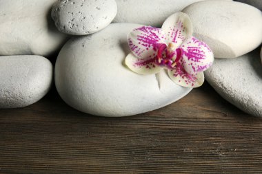 Spa taş ve ahşap arka plan üzerinde orkide