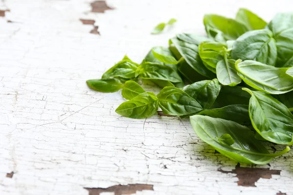 Green fresh basil on wooden background