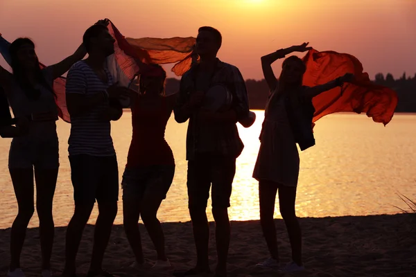 Joyful Friends Having Fun Shore Sunset Outdoors — Stock Photo, Image