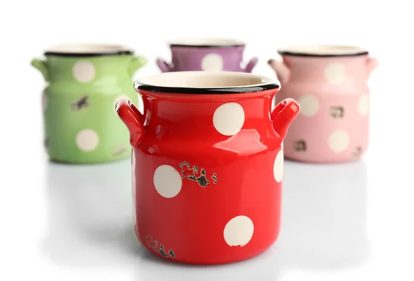 Old colourful milk cans with polka dots, isolated on white — Stock Photo, Image