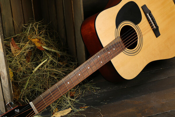 Acoustic guitar against box with hay on wooden background,, close up