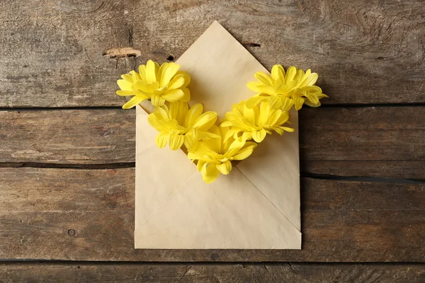 Yellow chrysanthemum in envelope on wooden background — Stock Photo, Image