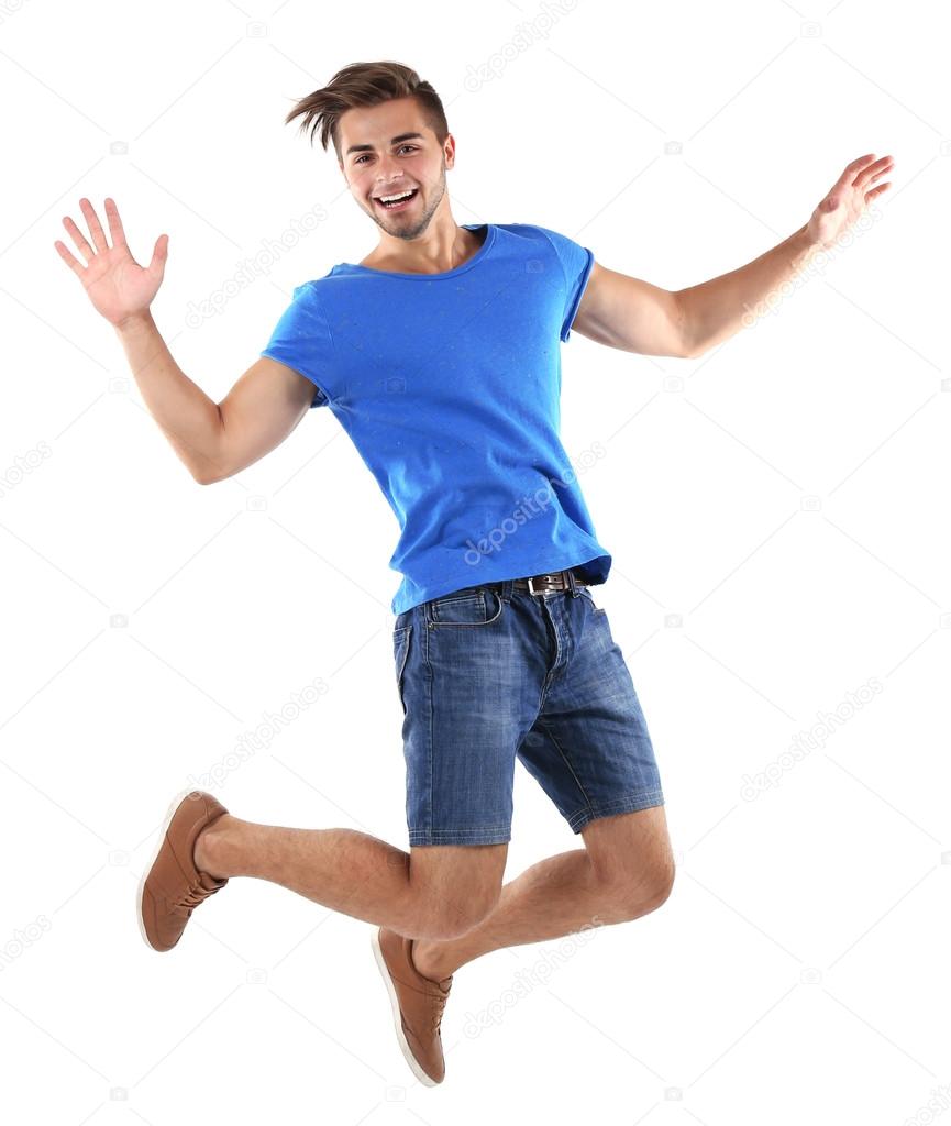 Active guy jumping in joy