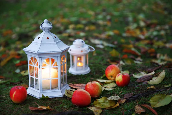 Lanternas com velas na grama — Fotografia de Stock