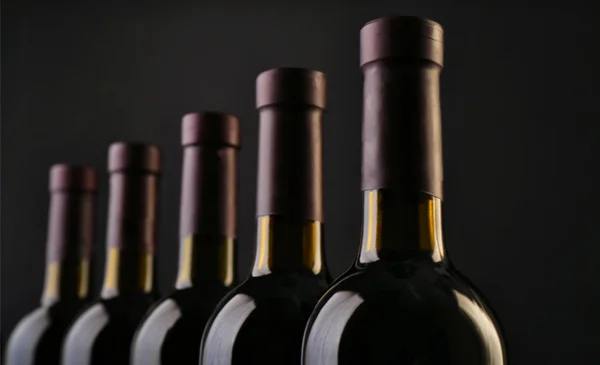 Garrafas de vinho em uma linha — Fotografia de Stock