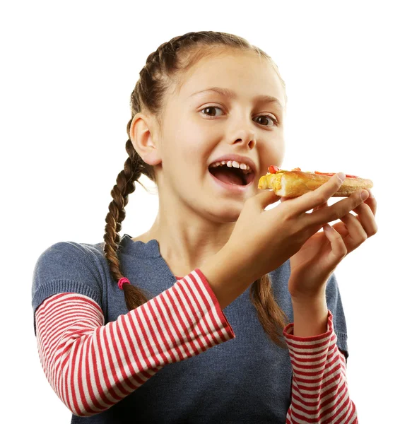 Flicka äter pizza — Stockfoto