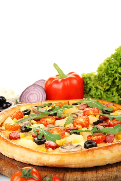 Delicious pizza with vegetables, isolated on white Royalty Free Stock Images