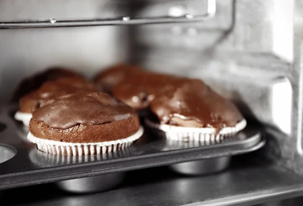 Chocolate cup-cakes in oven, close up