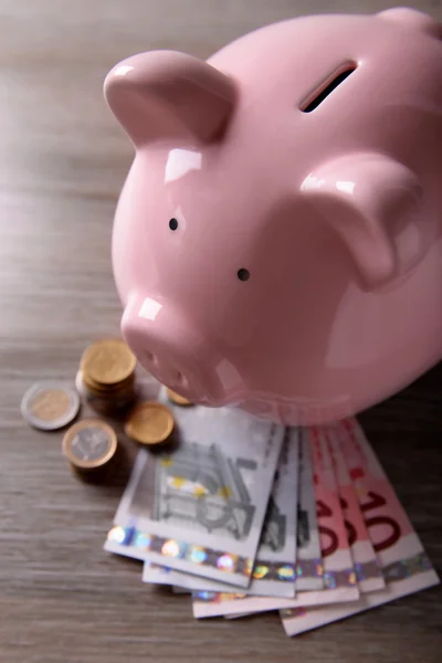 Pig moneybox with Euro banknotes and coins — Stock Photo, Image