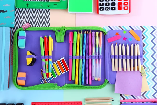 Pencil case with various stationery — Stock Photo, Image