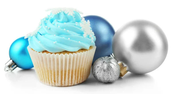 Blue cupcake and Christmas decor isolated on white — Stock Photo, Image