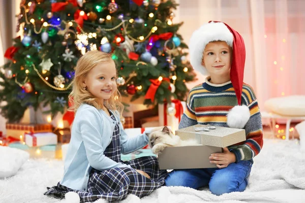 Niños y gato esponjoso en una caja como regalo Imágenes De Stock Sin Royalties Gratis