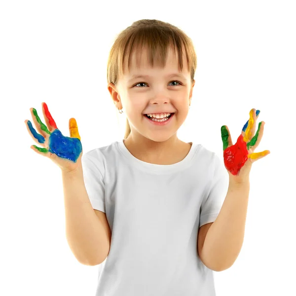 Menina com as mãos em tinta — Fotografia de Stock