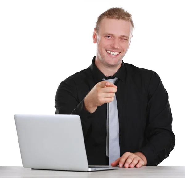 Uomo d'affari emotivo con laptop — Foto Stock
