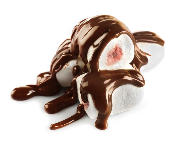 Chocolate poured on marshmallow isolated on white — Stock Photo, Image