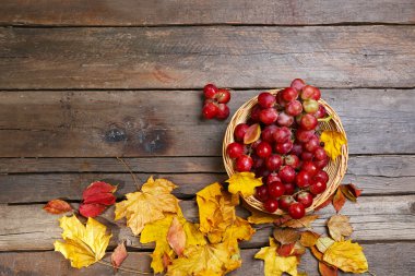 Bunch of grape in wicker bowl and colourful leaves on wooden background