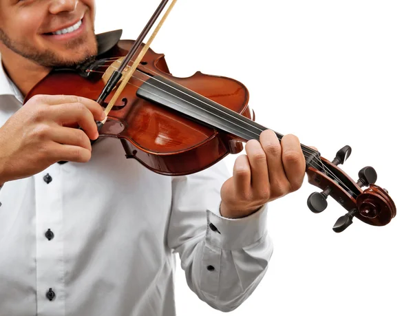 ミュージシャンが白い背景に分離されたヴァイオリンを果たしている、クローズ アップ — ストック写真
