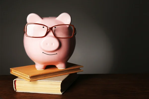 Piggy bank met glazen en boeken — Stockfoto